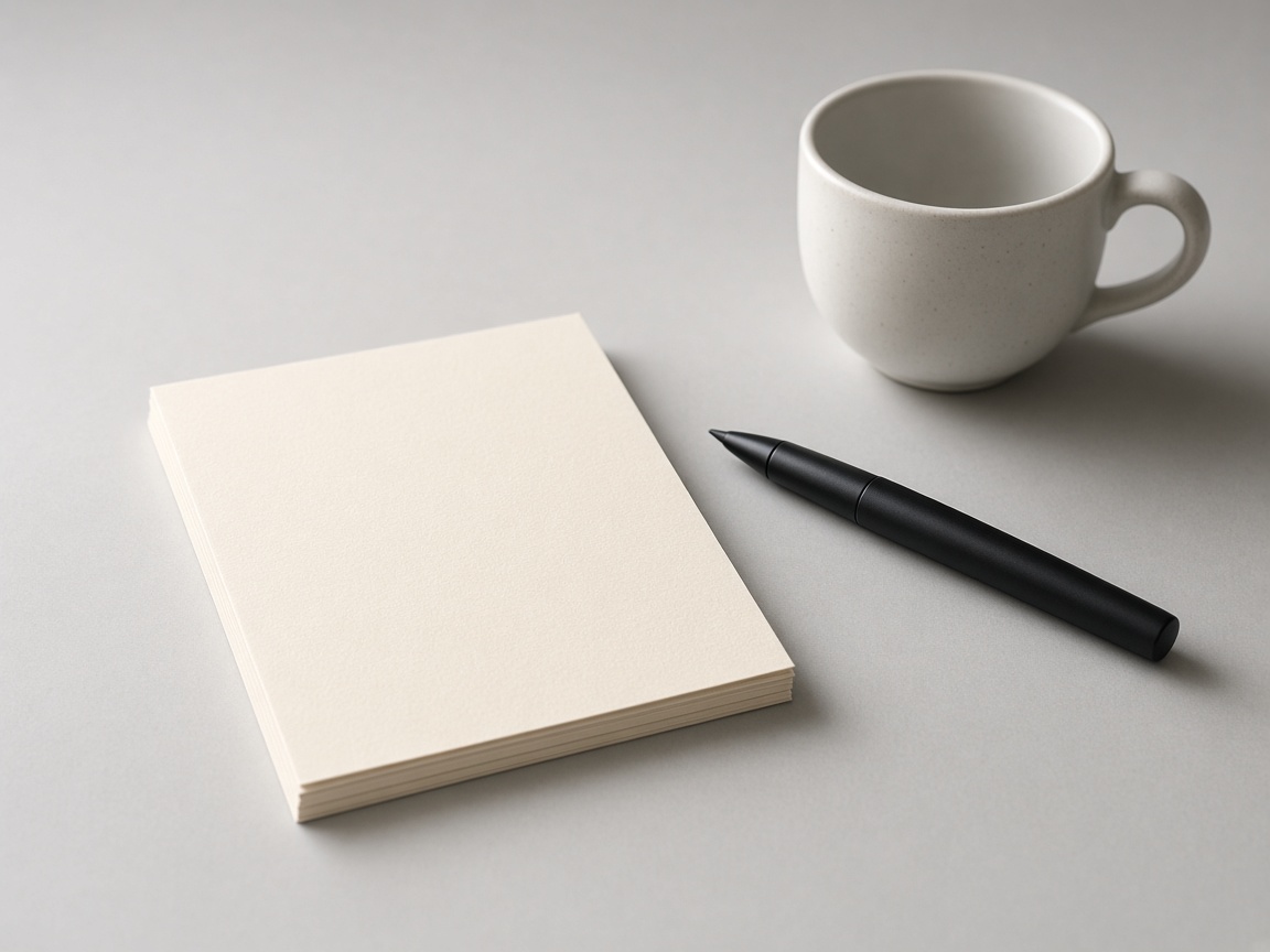 A stack of blank paper, a black pen, and a cup on a quiet desk.